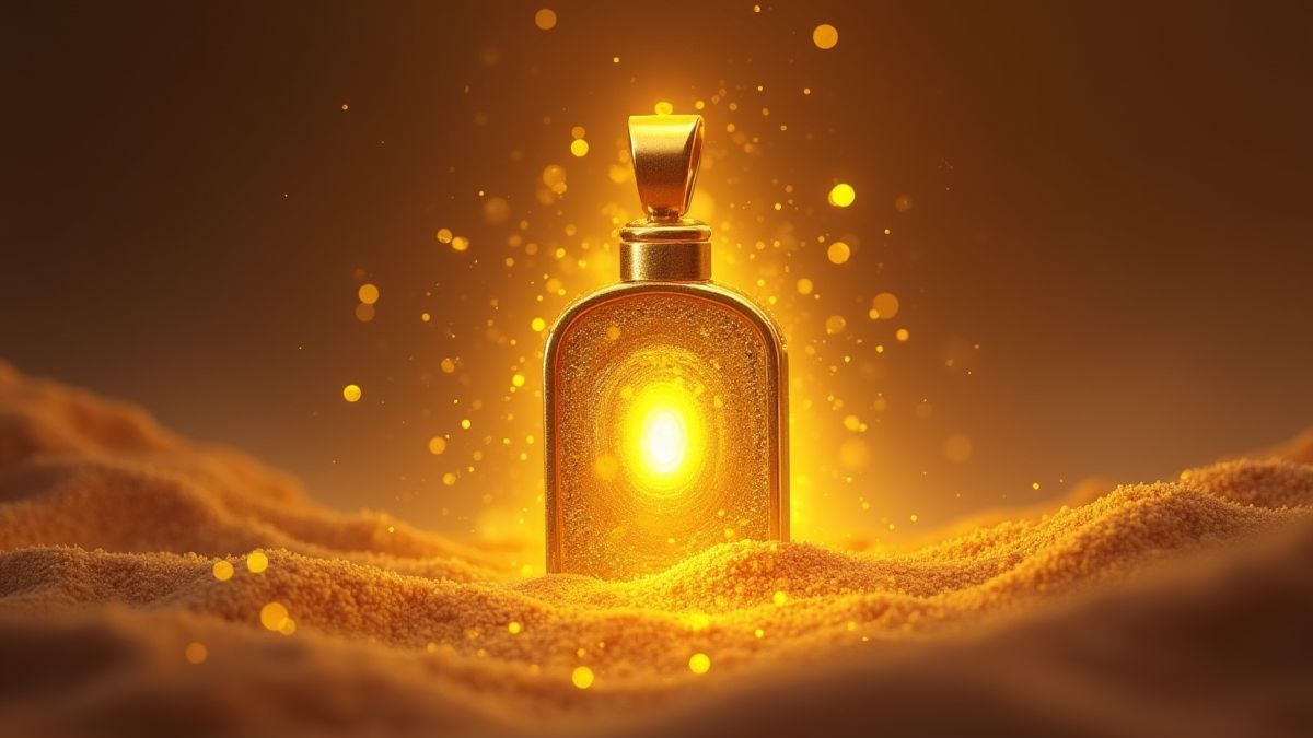 A golden Egyptian pendant glowing among the desert sands.