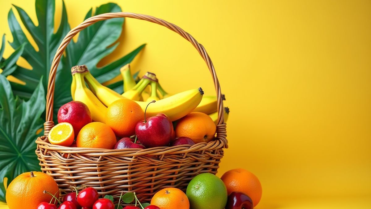 Bunte Obstschale vor tropischem Hintergrund.