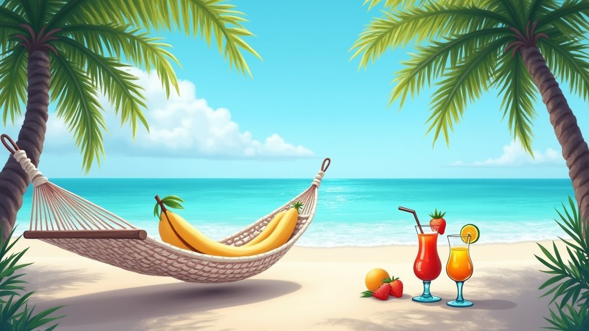 Entspannender tropischer Strand mit Fruchtcocktails.