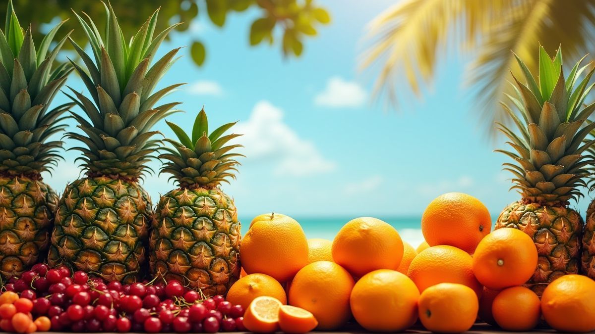 Tropische fruitstand met ananassen en kersen onder de zon.