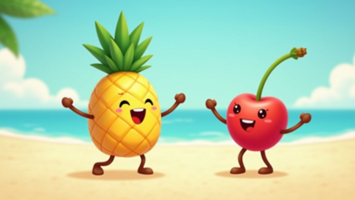 Animatie van ananas- en kersenpersonages die dansen op een strand.