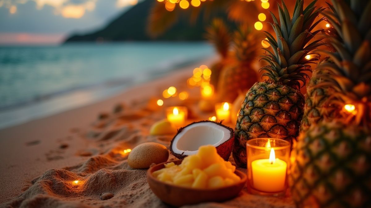 Fiesta en la playa con frutas tropicales y luces brillantes.
