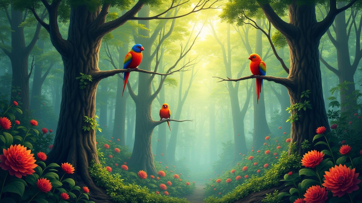 Bosque vibrante con aves coloridas en los árboles