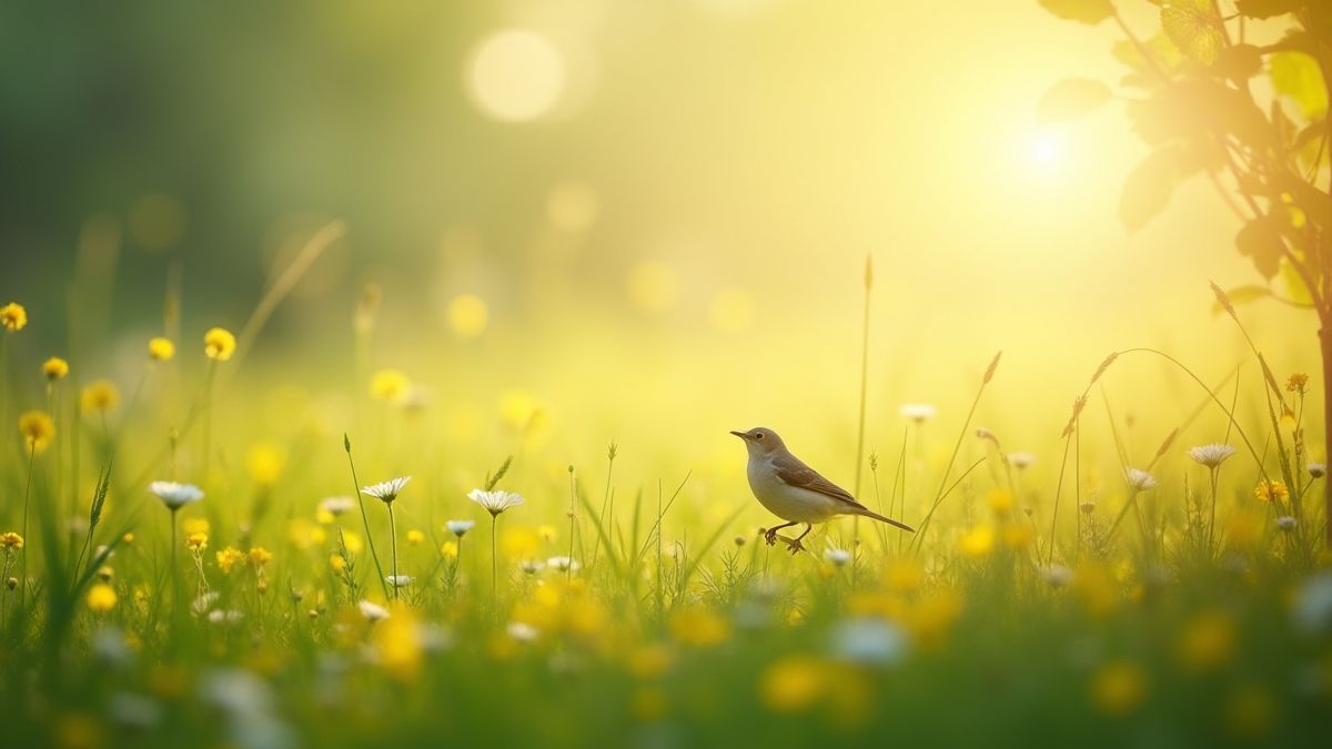 Pradera tranquila con aves cantando y luz solar brillante