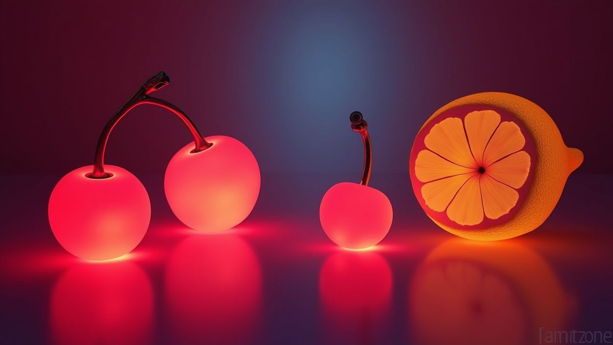 Leuchtende Kirschen und Zitronen in einer neongeschmückten Umgebung.