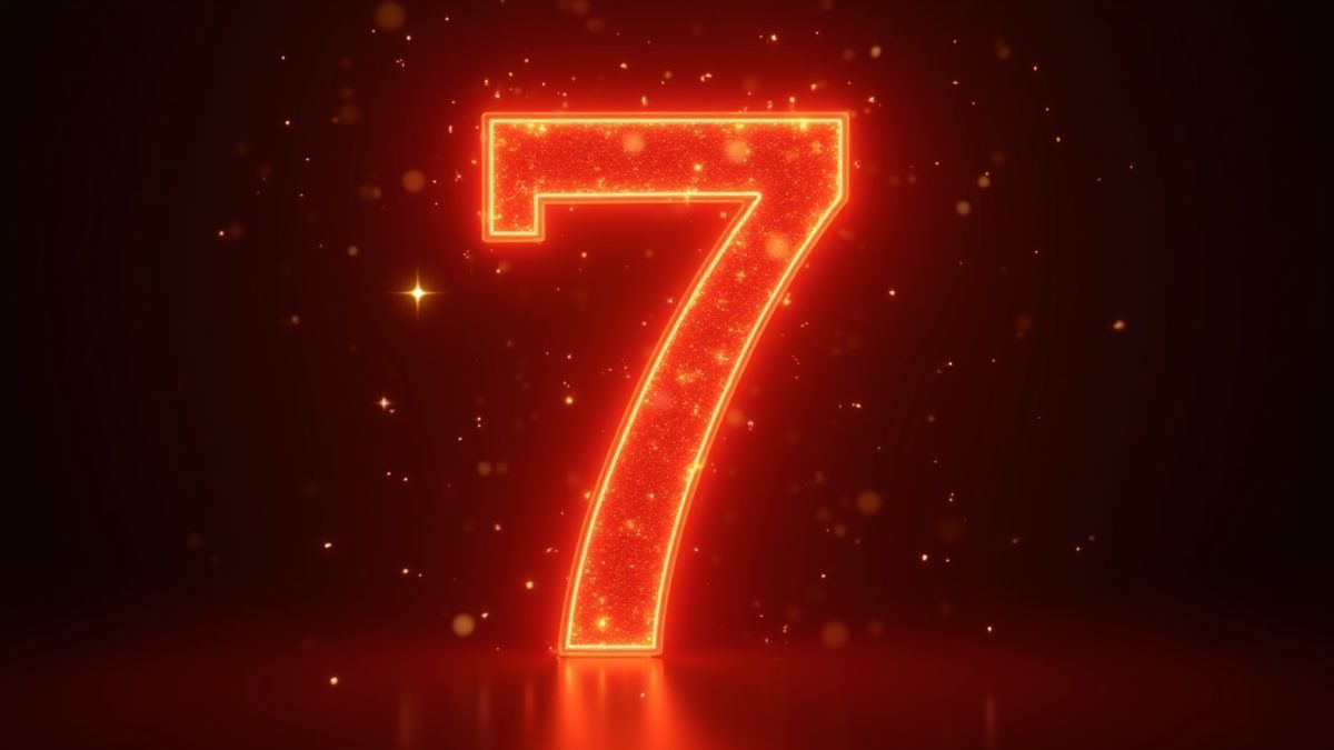 Leuchtende Nummer 7 umgeben von goldenen Funkeln.