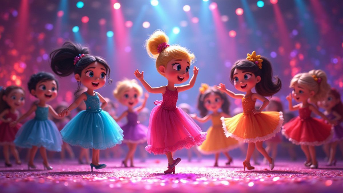 Competencia de baile animada con personajes en atuendos coloridos.