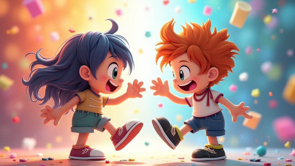 Dos personajes animados bailando en una competencia.
