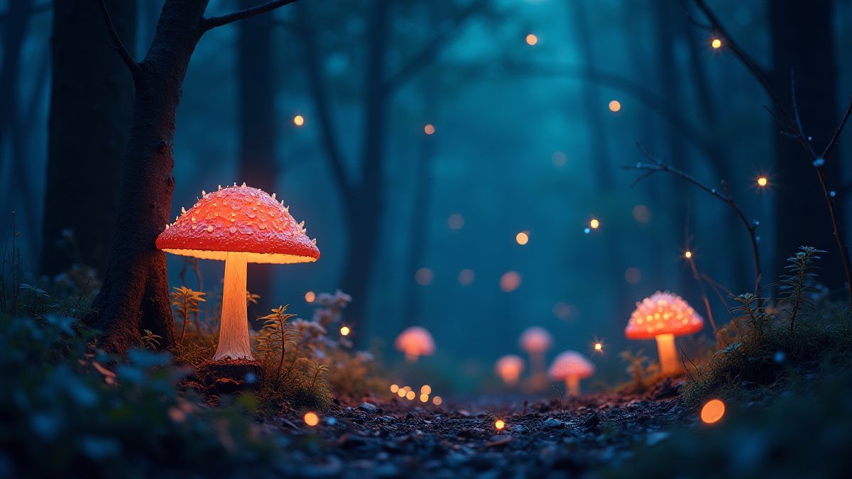 Ein verzauberter Wald mit leuchtenden Pilzen und Glühwürmchen.