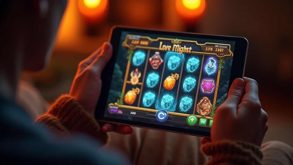 Spieler genießt einen magischen Spielautomaten auf einem Tablet.