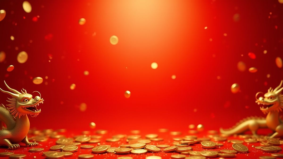 A red and gold background featuring oriental dragons and golden coins.