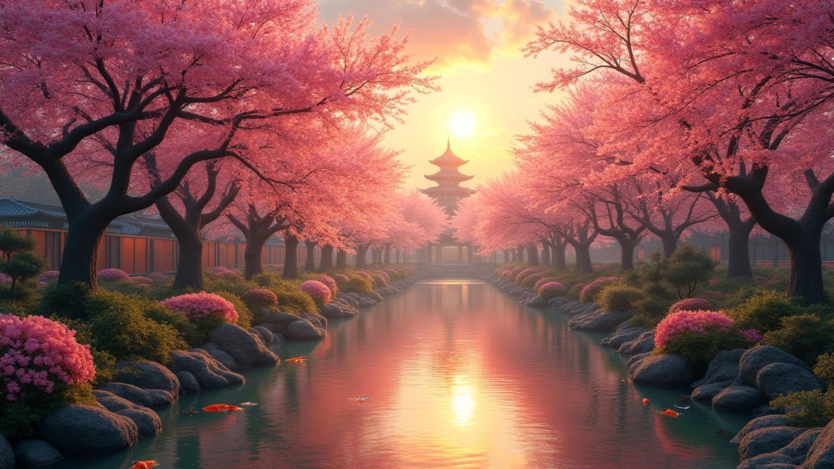 An oriental garden featuring cherry blossom trees and koi fish ponds at sunset.