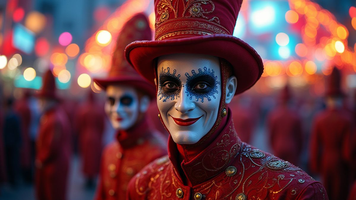 Um carnaval cheio de luzes e personagens com máscaras.