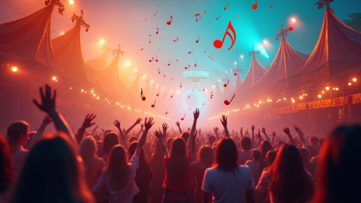 Uma cena de carnaval com notas musicais flutuando no ar.