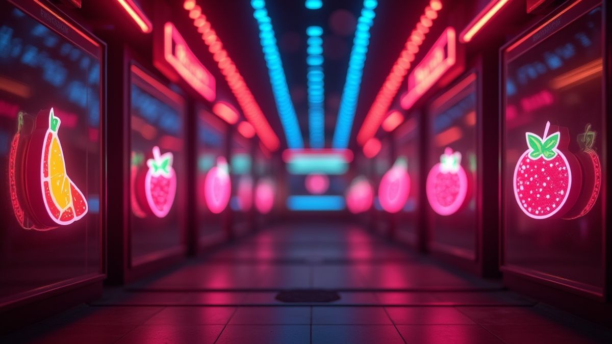 Bright neon lights with classic fruit symbols.