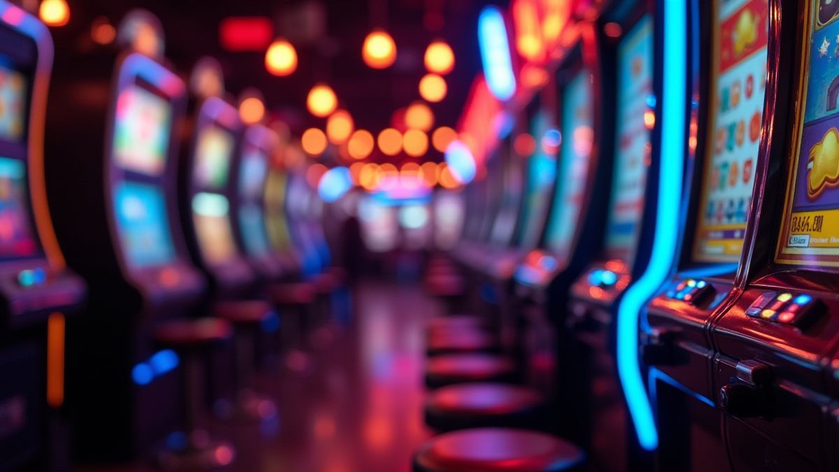 Brightly lit arcade scene with glowing slot symbols.