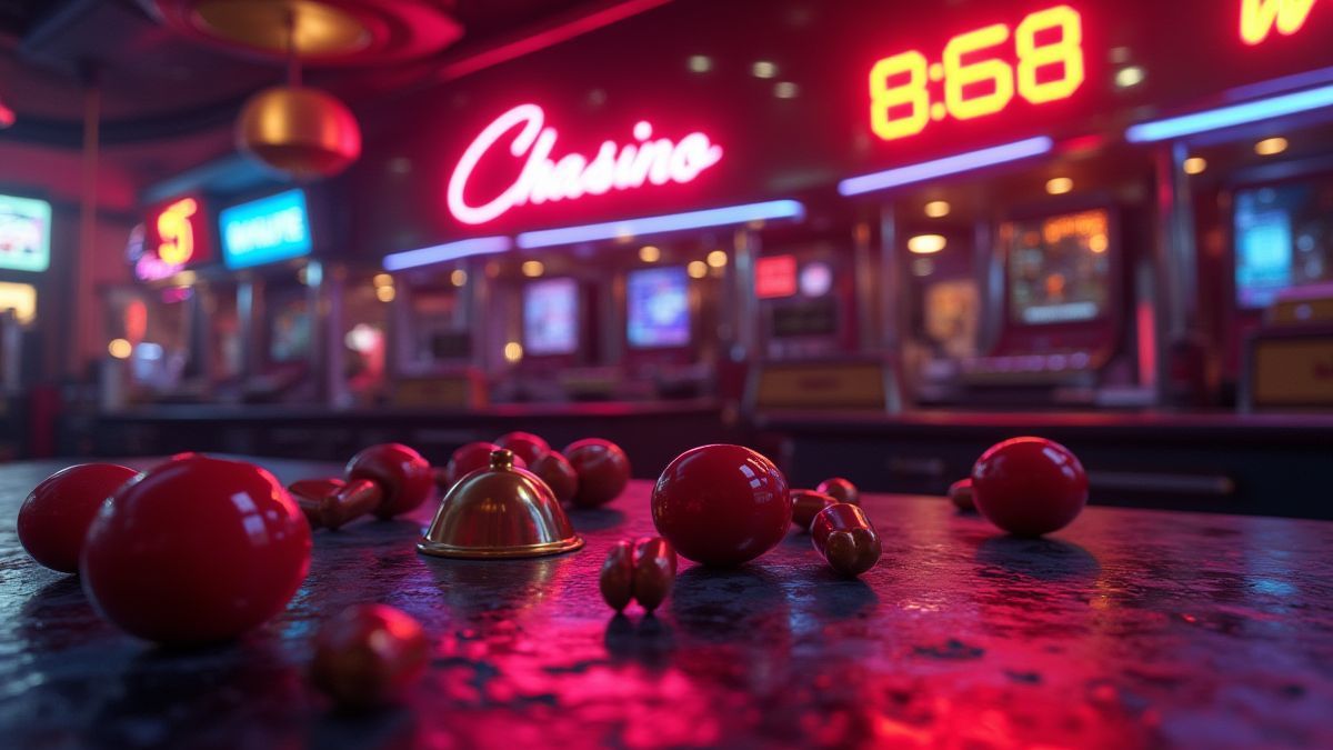 Retro casino scène met neonlichten en klassieke symbolen zoals kersen en bellen.