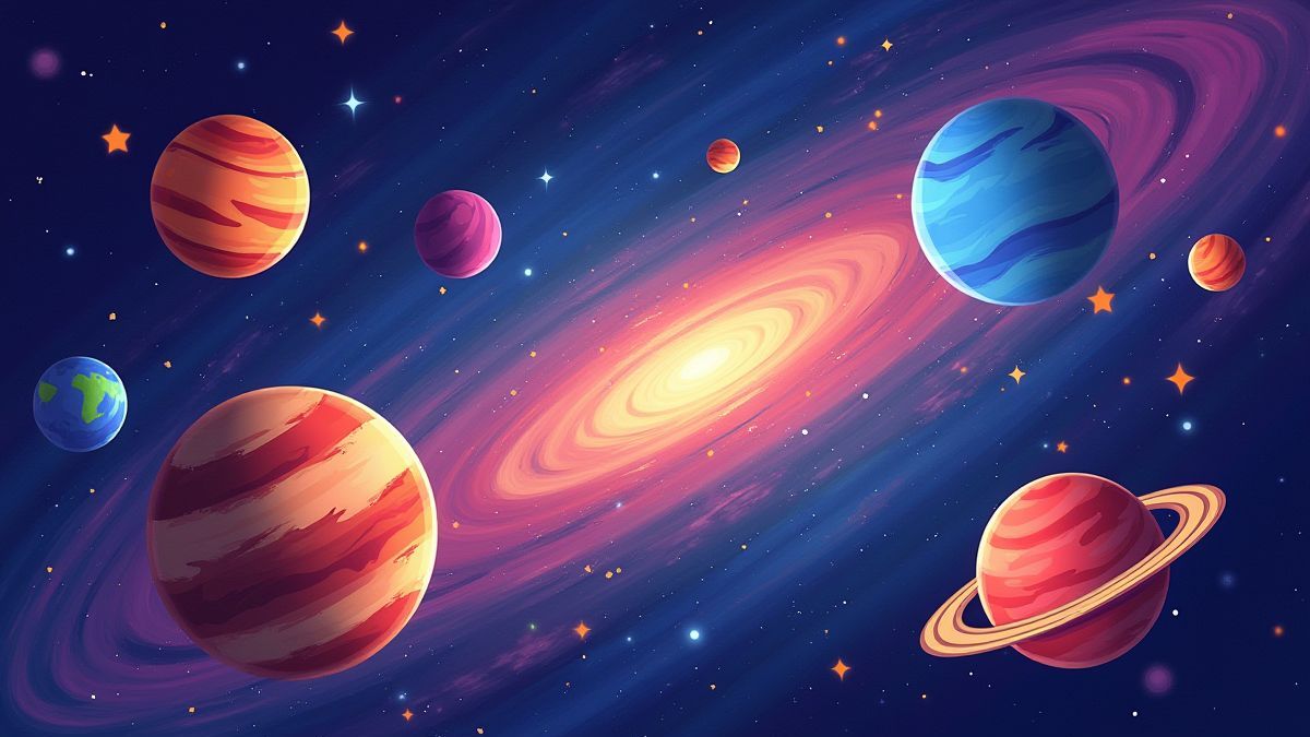Bunte Galaxie mit Planeten und Sternen.
