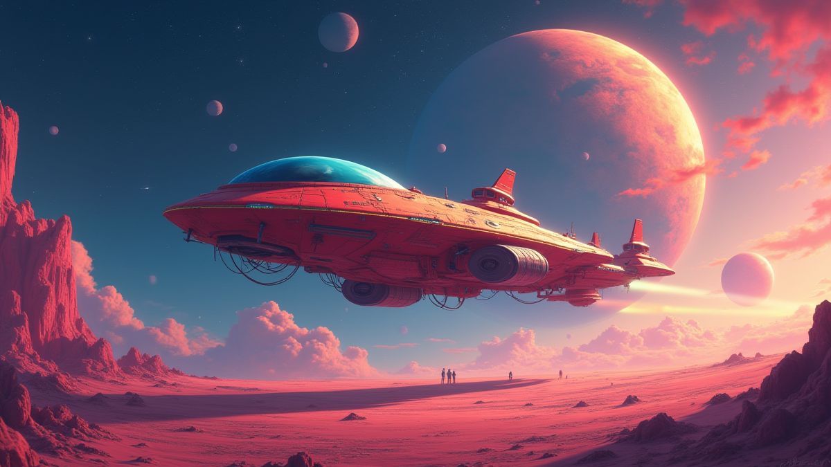 Ein alien Raumschiff landet auf einem bunten Planeten.