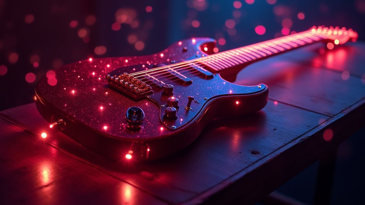 Guitarra de heavy metal rodeada de luzes de néon.