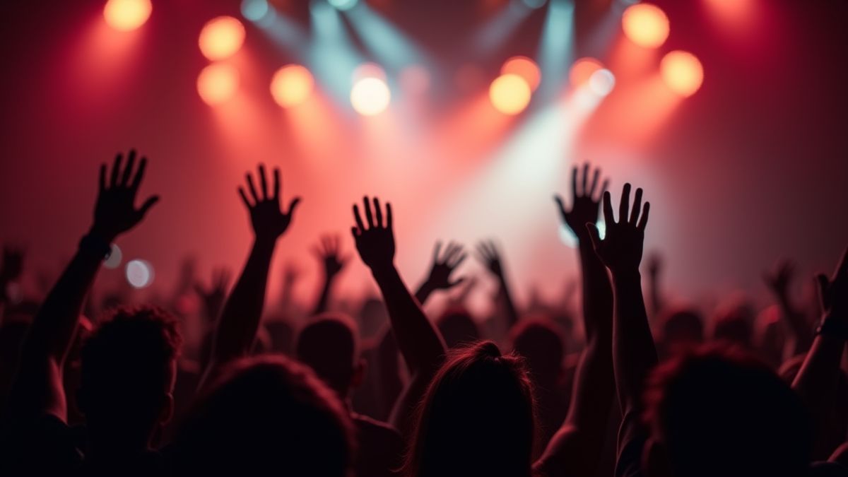 Multidão em um concerto de rock levantando as mãos.