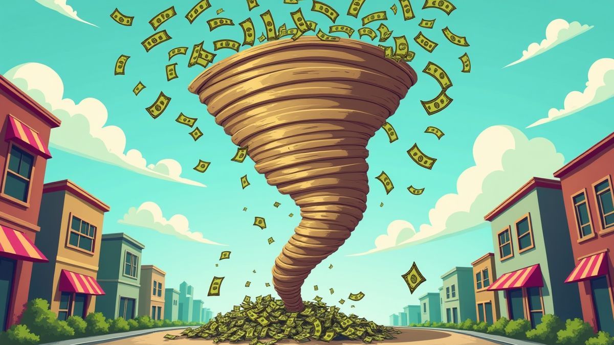 Um tornado animado arrastando dinheiro em um ambiente urbano