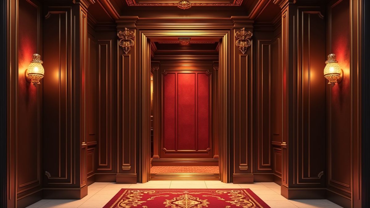 Un ascensor lujoso con detalles dorados y terciopelo.