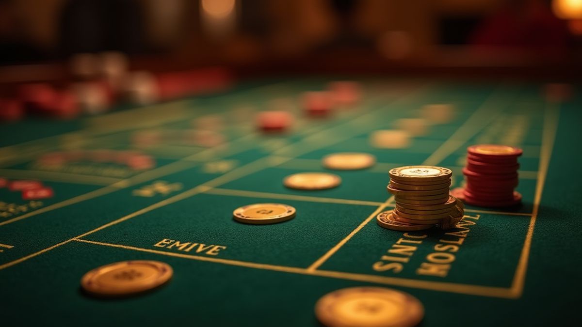 Mesa de casino elegante con fichas doradas.