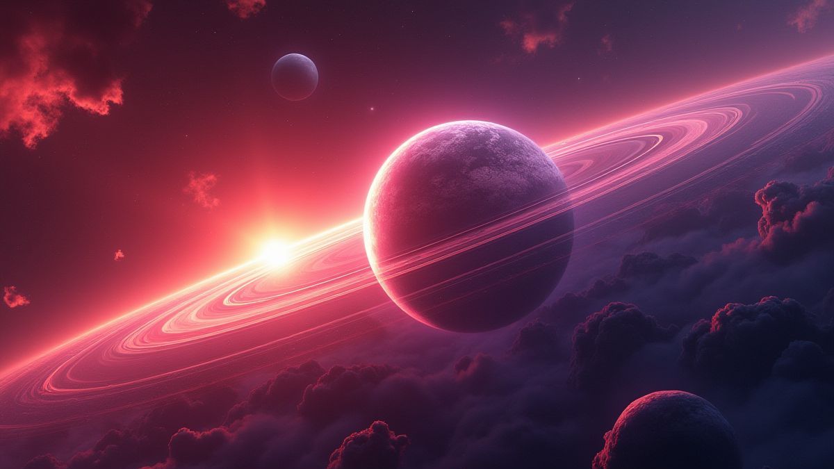 Een vibrerende buitenaardse planeet met ringen en een gloeiende atmosfeer.