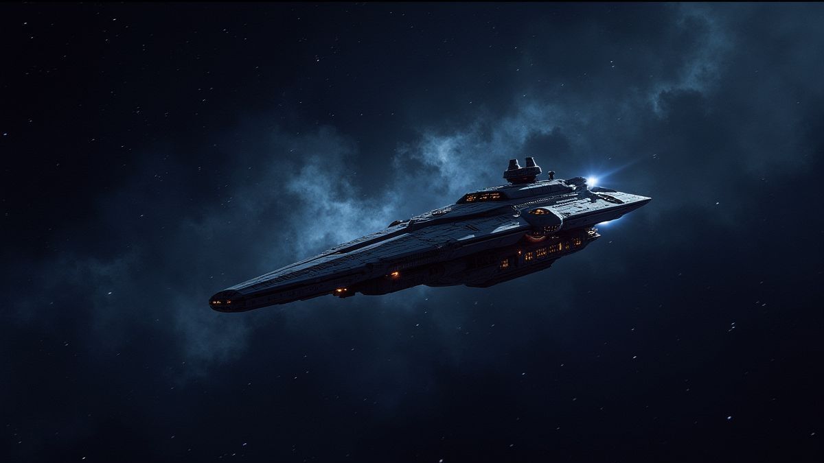 Een ruimteschip dat door een sterrenrijke galaxy vliegt.