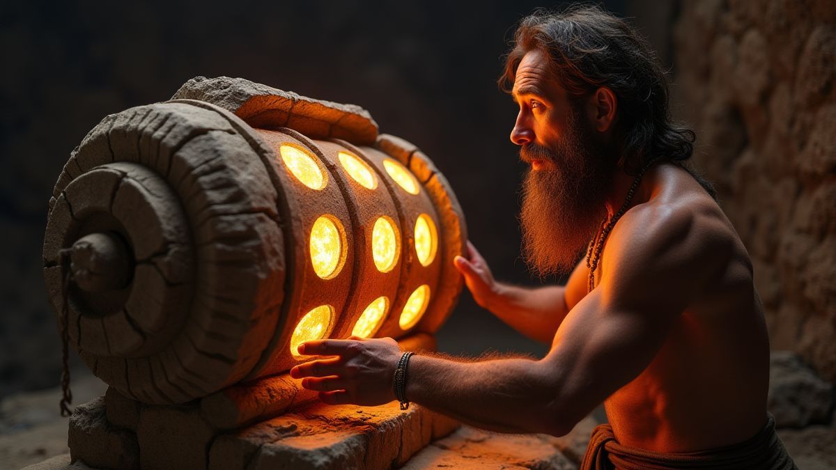 Un hombre de las cavernas ajustando una máquina tragamonedas de piedra con símbolos brillantes.