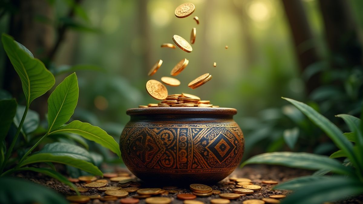 Monedas cayendo en una olla tribal rodeada de elementos selváticos.