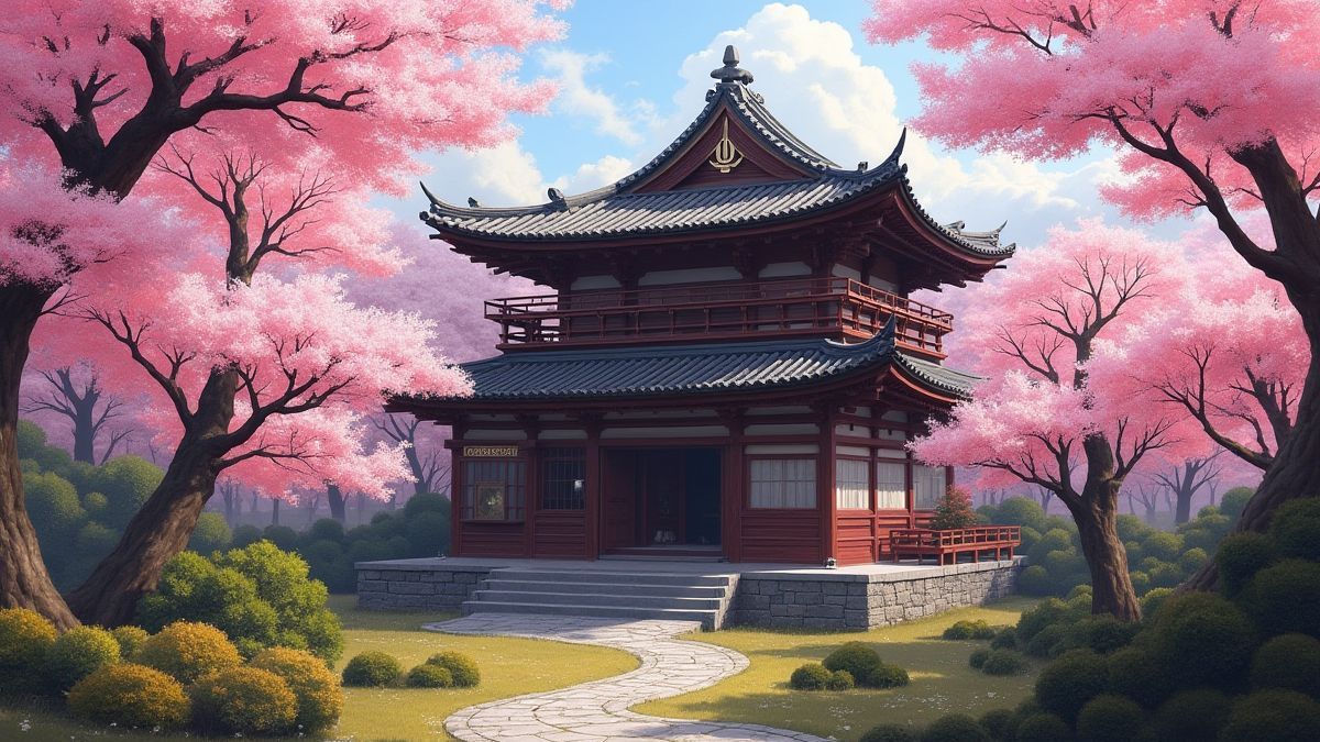 Japanse theehuis omgeven door bloeiende kersenbomen.