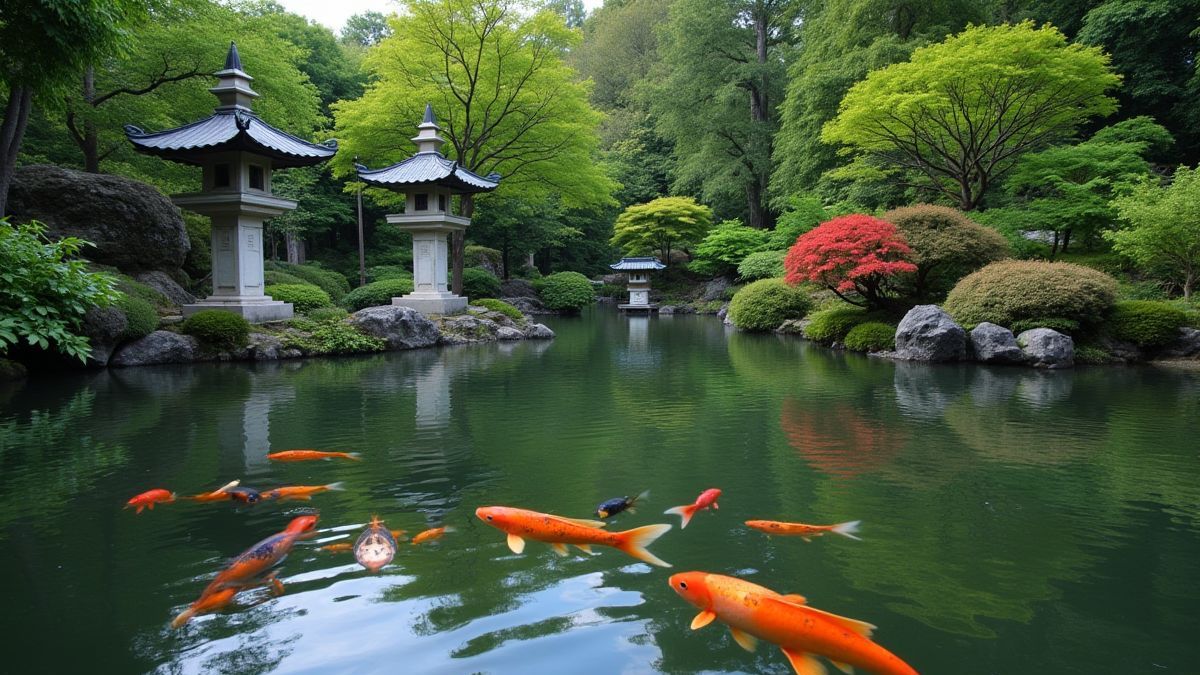 Japanse tuin met koi-vissen en stenen lantaarns.