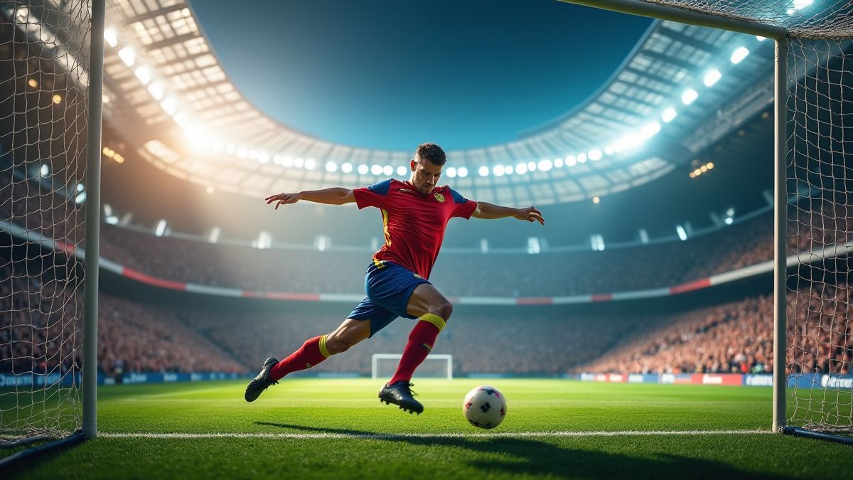Jugador de fútbol marcando un gol en un estadio iluminado.