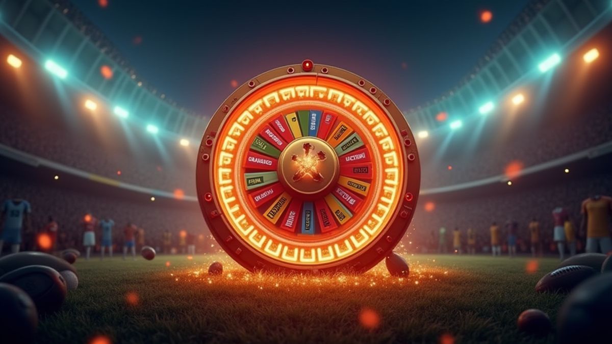 Rueda giratoria con elementos futbolísticos brillantes.