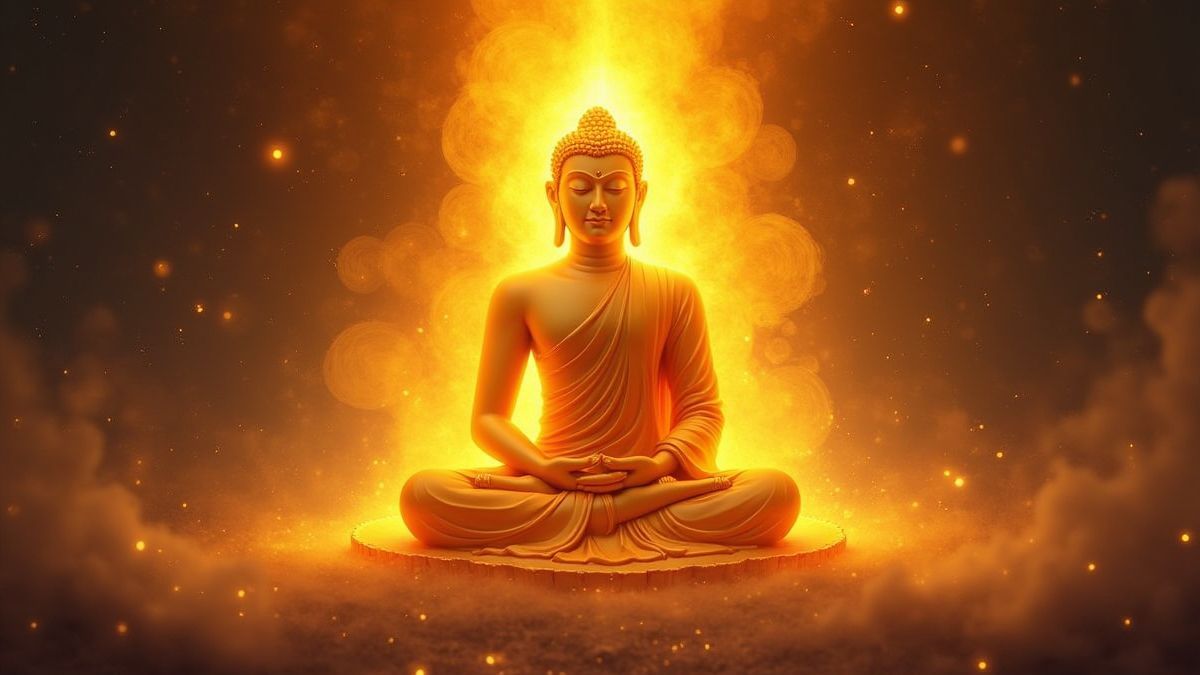A glowing golden Buddha wrapped in mystical energy.