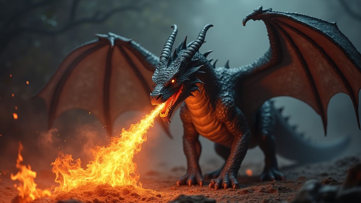 A dragon breathing mystical fire in a dark and mysterious environment.