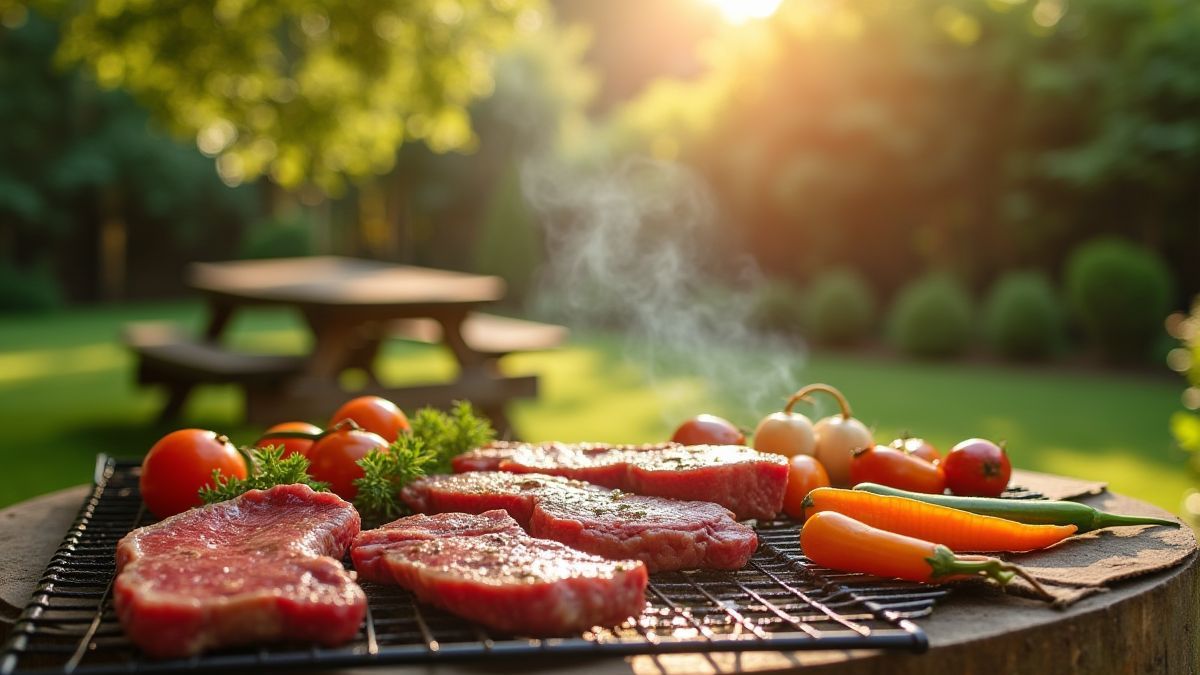 Un jardin ensoleillé avec une barbecue et de la nourriture délicieuse.