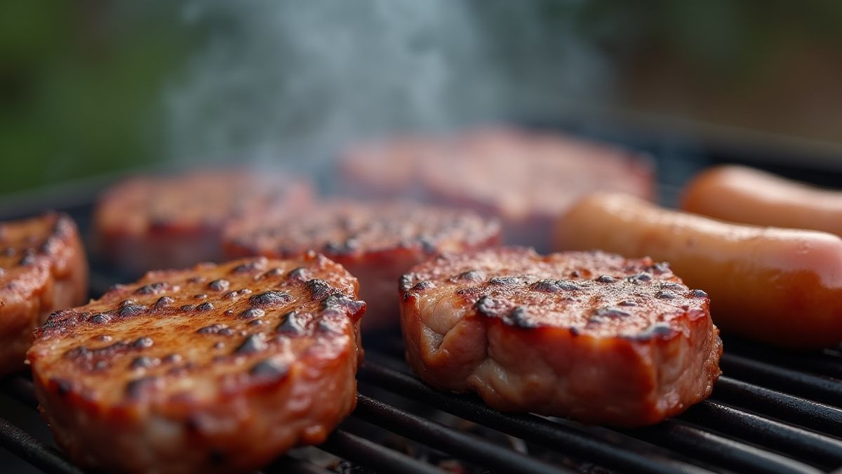 Viandes grésillant sur un grill avec de la fumée.