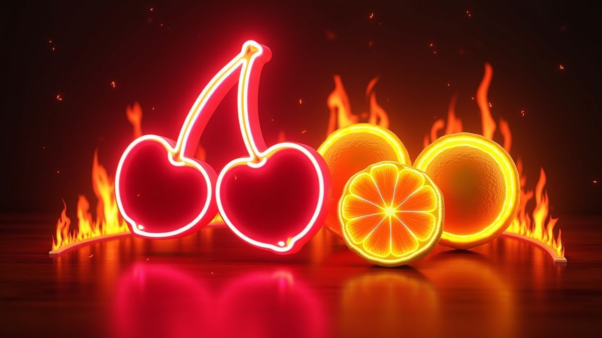 A neon design featuring classic fruits and flames