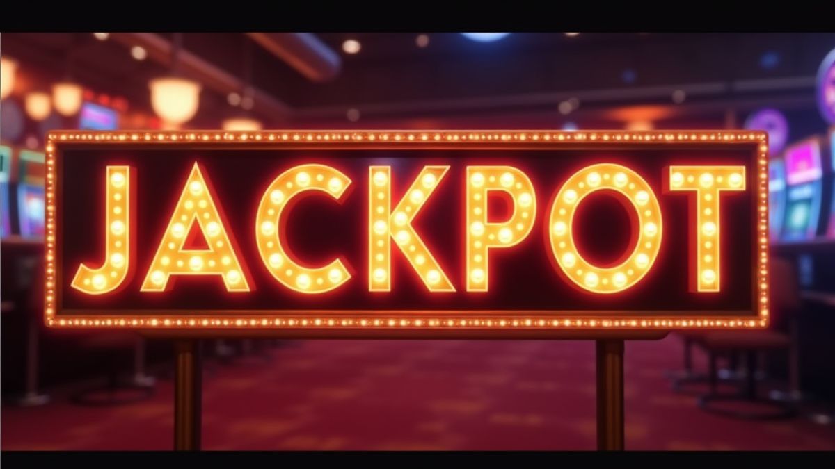 Cartel de jackpot brilhante em uma ambientação de cassino.