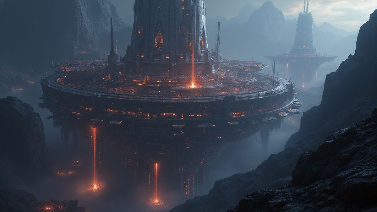 Cidade futurista em um planeta com luzes brilhantes e tecnologia avançada.