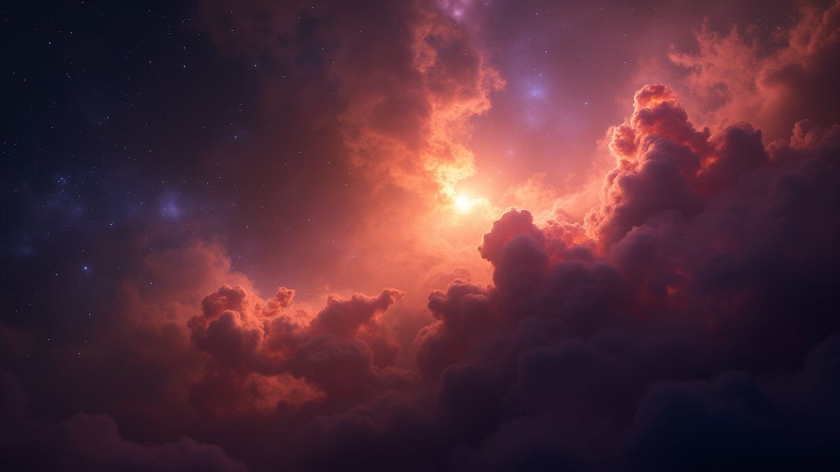 Nebulosa brilhante com estrelas cintilantes e sensação de imensidão.