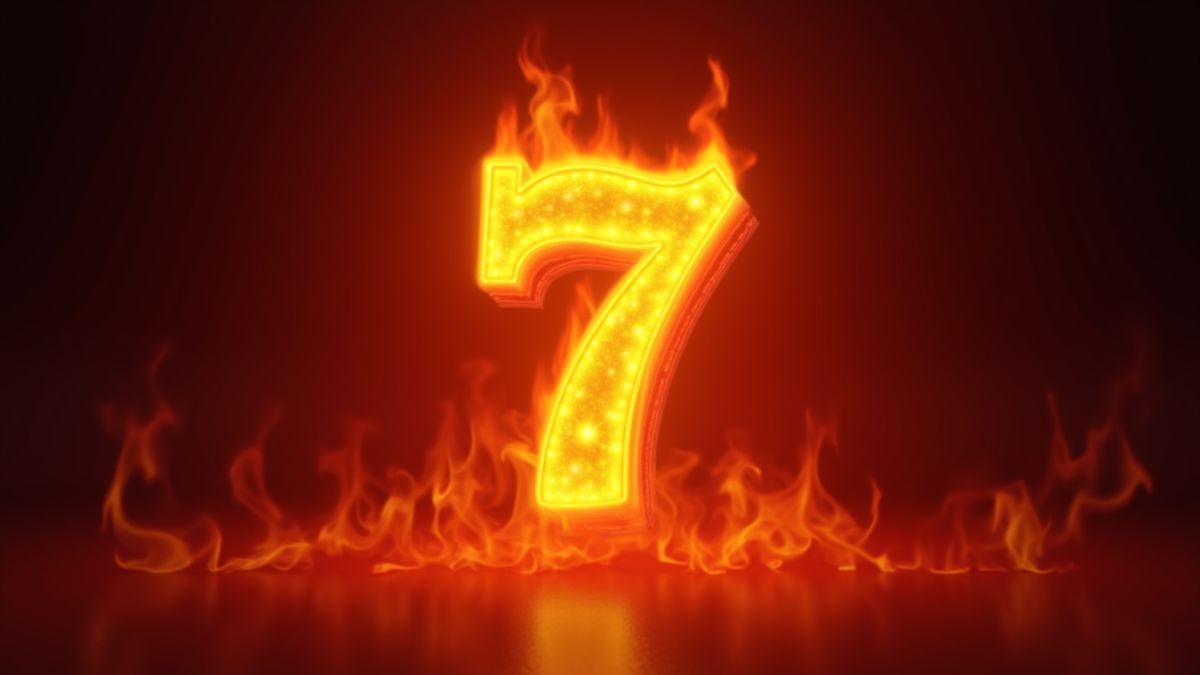 Nummer 7 symbool omringd door brandende vlammen.