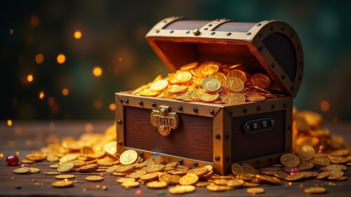 Eine Schatzkiste, die mit Goldmünzen und Juwelen in einer magischen Atmosphäre überquillt.