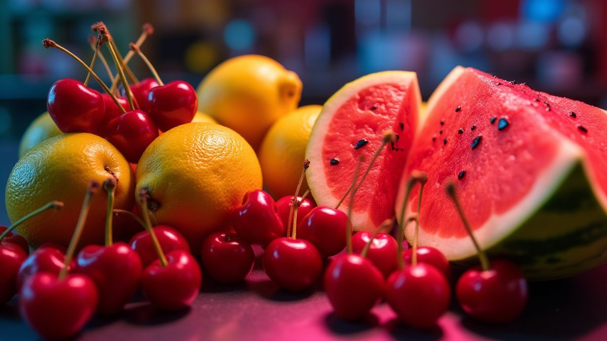 Frutas frescas brillando bajo luces de neón