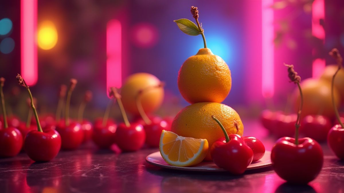 Frutas apiladas en un entorno iluminado por neones