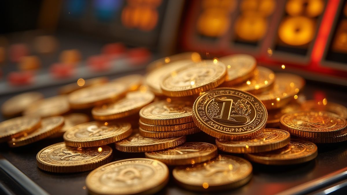 Moedas douradas e prateadas brilhantes bloqueadas em uma máquina tragamonedas.