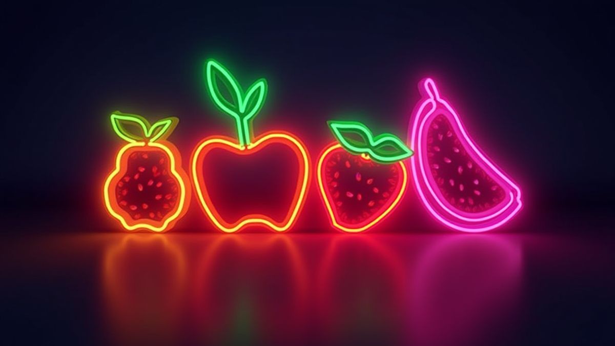 Frutas de neón con un diseño retro en un fondo oscuro.